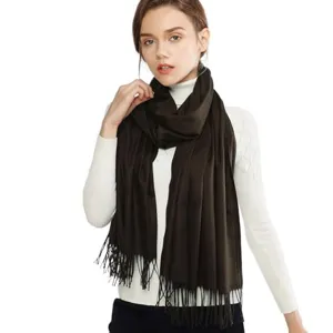 Dark brown imitation cashmere fringed shawl, ideal for autumn and winter daily cozy wear.