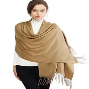 Detail view of winter solid color imitation cashmere shawl with elegant fringe design.