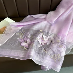 Purple silk wool embroidered shawl detail, elegant floral embroidery scarf for women.