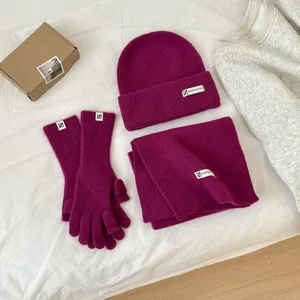 Winter knit beanie scarf and gloves set for women, warm wool blend magenta 3-piece winter.