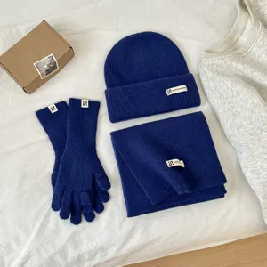 Women winter knit hat scarf gloves set warm thick woolen beanie neck warmer fashion set blue