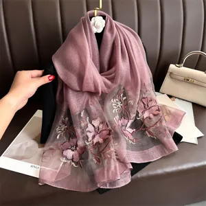Winter silk wool embroidered shawl elegant floral neck warmer for women stylish scarf