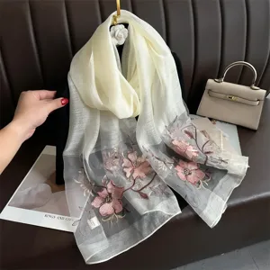 Elegant silk wool embroidered scarf winter shawl floral vintage design luxury warm women wrap