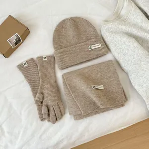 Knitted beanie scarf gloves 3-piece set, winter warm thick woolen hat and scarf for women.