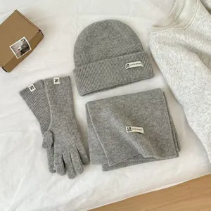 Gray knit 3-piece winter set warm beanie scarf and gloves for women cozy cold weather