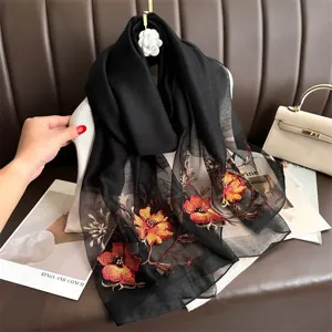 Winter Korean style black silk wool embroidered scarf, elegant floral shawl neck warmer.