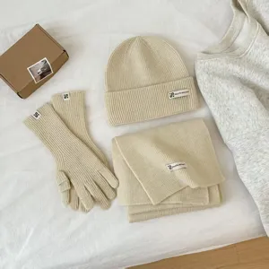Cozy winter knitted 3-piece set including warm beanie hat, soft scarf and gloves for women.