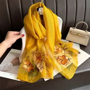 Elegant yellow silk wool embroidered shawl, versatile floral scarf for women, winter chic accessory.