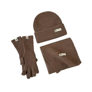 Cozy winter knit 3-piece set featuring warm beanie hat, soft scarf, and touch screen gloves.