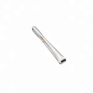 Stainless steel ice tong detail, serrated grip edge, compact kitchen tool close-up view