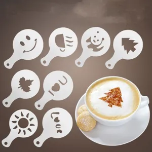 Detailed view of plastic coffee stencils set showing various patterns and latte art cup.
