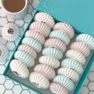 Detailaufnahme von bunten ringförmigen Baiser-Keksen, ordentlich in einer blauen Box.