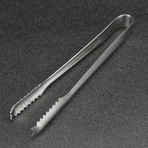 Thickened stainless steel ice tongs with serrated edges for kitchen food serving use.