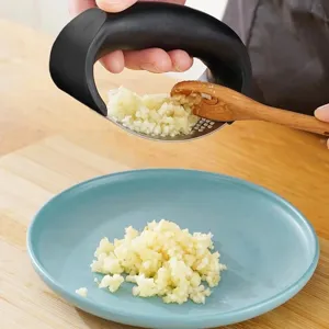 Stainless steel manual garlic press with ergonomic curved handle for easy kitchen cooking use.