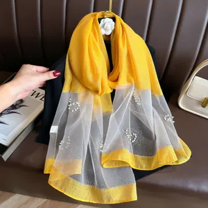 Yellow sheer scarf with pearl hot drill decoration, elegant women shawl and neck wrap for all seasons.