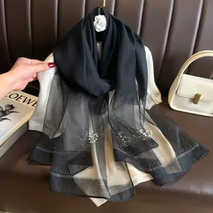 Black silk scarf with pearls and rhinestones, elegant shawl for women daily wear.