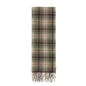 Classic green and brown plaid winter scarf with tassel fringe, soft and warm accessory for women.
