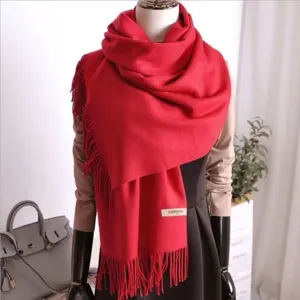 Red cashmere feel tassel scarf detail view showcasing soft texture and elegant fringe.