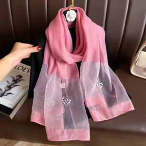 Pink silk scarf for women, elegant pearl rhinestone wrap and versatile fashion neckerchief.