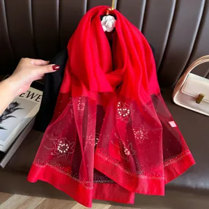Red silk scarf elegant shawl with pearl rhinestone floral design for women warm winter wrap
