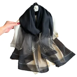 Elegant black sheer silk scarf with rhinestone pearl floral details, perfect elegant accessory.
