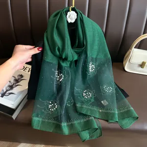 Dark green silk scarf with pearl rhinestone flower, elegant women shawl wrap for winter warmth.