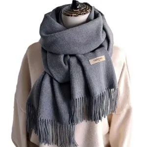 Classic solid color tassel cashmere feel winter warm long scarf for women and men daily wear