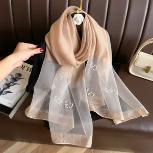 Solid color imitation silk scarf with hot drill pearls elegant warm shawl for women daily wear