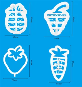 Fruit vegetable cartoon shaped baking mold detail size chart with clear dimensions.