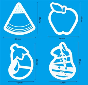 Plastic fruit vegetable cookie and steamed bun shaping molds set for baking and pastry.