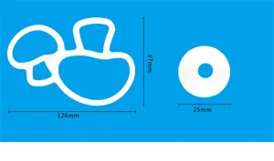 Detailed view of white cartoon baking mold and round pastry cutter with clear size dimensions.