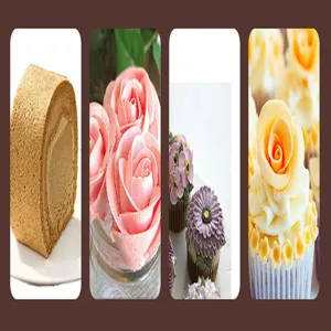 Detailansicht von Kuchendekorationen mit wunderschönen cremefarbenen Rosen und Cupcakes.