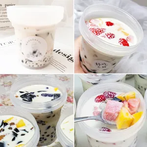 Bicchieri da dessert in plastica con coperchio, ideali per yogurt, budino e frutta.