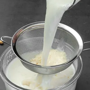 Stainless steel fine mesh kitchen strainer and colander for filtering juice, milk and flour.