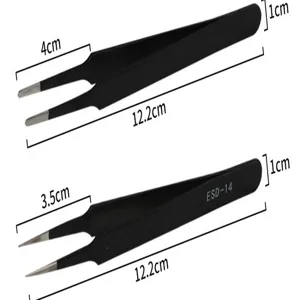 Stainless steel anti-static tweezers set with fine pointed and curved tips for precision work.