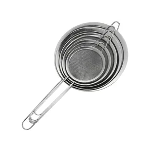 Stainless steel mesh strainer set, 4-piece nesting kitchen colander with long handles.