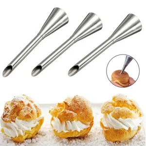 Stainless steel puff nozzle detail view, precision pastry filling tool for cream puffs and baking desserts.
