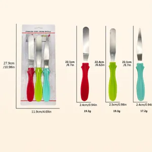 Set di 3 spatole per torta in acciaio inossidabile con tabella delle dimensioni e pesi.