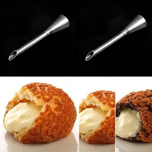 Stainless steel puff filling nozzle detail, long piping tip for cream pastry and cake decoration.