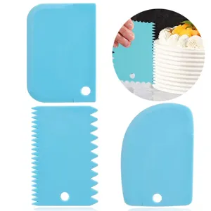 Set di 3 raschietti per torte in plastica blu, strumenti liscianti e spatole per pasticceria.
