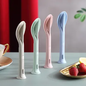 Portable 3-in-1 wheat straw cutlery set with spoon, fork and knife for kids and outdoor use.