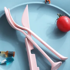 Portable 3-in-1 wheat straw cutlery set knife fork spoon pink outdoor tableware set