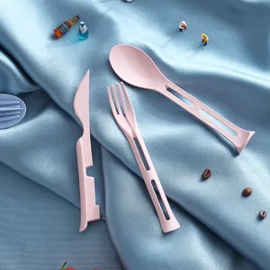 Portable wheat straw cutlery set 3-piece pink knife fork spoon for kids outdoor dining
