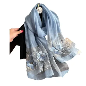 Blue silk wool embroidered scarf luxury floral shawl elegant winter neck warmer for women