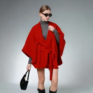 Red imitation cashmere wrap cape for women, stylish winter poncho with tie belt design.