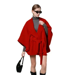Red imitation cashmere poncho cape for women autumn winter warm stylish belted new year outerwear