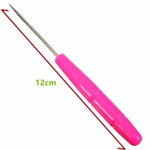 Fondant cookie icing needle detail view, stainless steel sugar craft tool with pink handle.