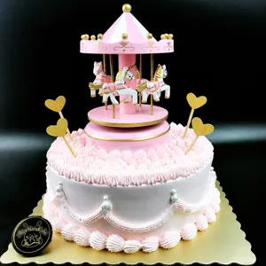 Pink carousel cake topper music box birthday party decoration for kids girls cake ornaments