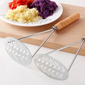 Stainless steel potato masher with wooden handle kitchen tool for mashing food easily