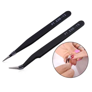 Stainless steel anti-static tweezers set with straight and curved fine tips for precise work.